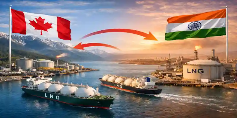 Canada LNG supply to India showing LNG terminals and ships between Canada and India