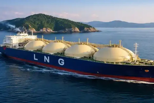 LNG carrier ship transporting liquefied natural gas across ocean for India energy supply
