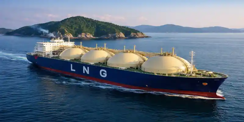 LNG carrier ship transporting liquefied natural gas across ocean for India energy supply