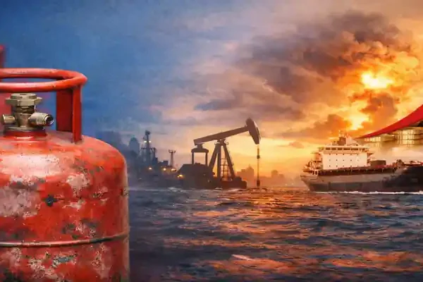 LPG price hike India red LPG cylinder with oil pump and tanker ship