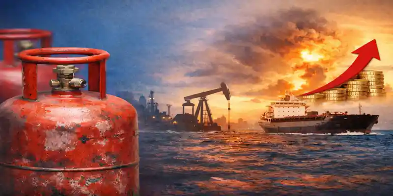 LPG price hike India red LPG cylinder with oil pump and tanker ship