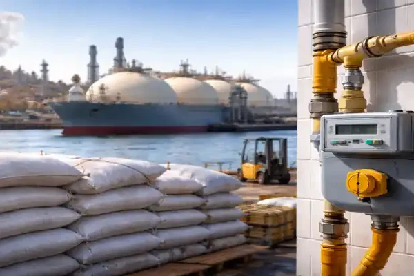 India gas supply LNG terminal PNG pipeline fertilizer bags and gas meter near port
